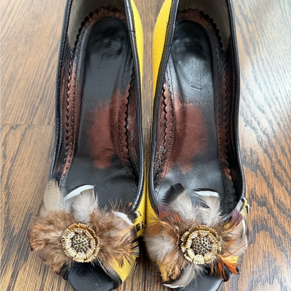 Vintage J. Crew Yellow Wool and Feather Embellished Peep Toe Heels.